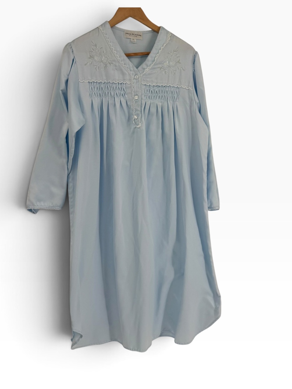 Miss Elaine Nightgown Size LP blue Brushed Back Satin Mid Smocked Yoke Cozy